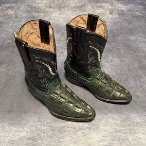 Vintage Kids Western Cowboy Boots Green Faux Alligator Black Embroidered Shaft